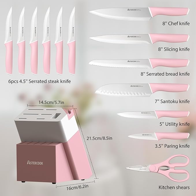 Astercook Knife Set, Kitchen Knives Set with Block and Sharpener 15 Pcs German Stainless Steel Knives Sharp Blade Dishwasher Safe Deba Knives with Ergonomic Handle, Crystal Pink Mothers Day Gifts - Image 6