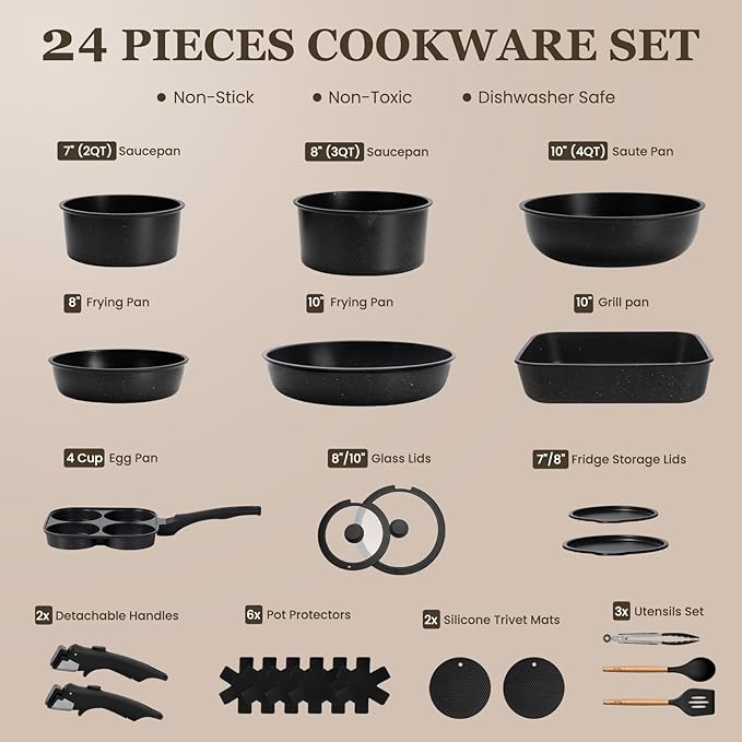 KIKCOIN Nonstick Pots and Pans Set 24 Pack - Kitchen Cookware Set with Detachable/Removable Handle - Cooking Pans Set with Frying Pans, Egg Pan - Stackable, Oven Safe, Induction Ready - Image 2