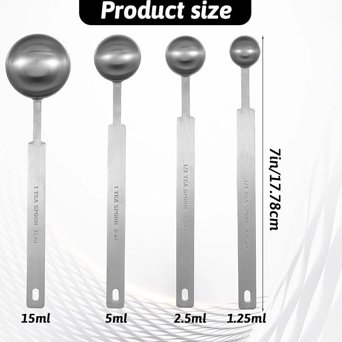 4 Pcs Long Handle Measuring Spoons Set Stainless Steel Measuring Spoon Set Metal Coffee Scoop Tablespoon Teaspoon for Liquid Solid Powder Ingredients (1/4 tsp, 1/2 tsp, 1 tsp, 1 tbsp)