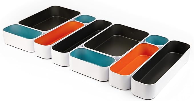 Three by Three Seattle 10 Piece Metal Organizer Tray Set for Storing Makeup, Stationery, Utensils, and More in Office Desk, Kitchen and Bathroom Drawers (2 Inch, Multicolor) by ThreebyThreeSeattle