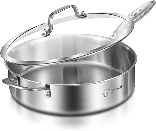 LOLYKITCH 6 QT Tri-Ply Stainless Steel Sauté Pan with Lid,Deep Frying Pan,Large Skillet,Jumbo Cooker,Induction Cooking Pan,Oven Safe and Detachable Handle. by LolyKitch