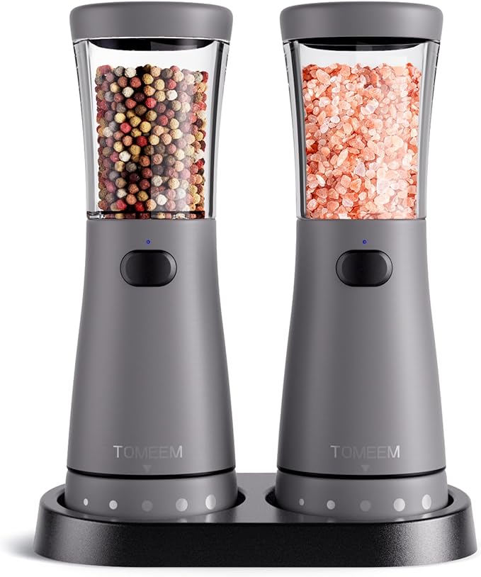 Electric Salt and Pepper Grinder Set with Storage Base, Stainless Steel Rechargeable Salt and Pepper Grinder Set with 4.5 oz Large Capacity, 1.8" Wide Mouth, Adjustable Coarseness, Ideal for Kitchen by Tomeem