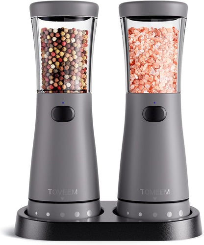 Electric Salt and Pepper Grinder Set with Storage Base, Stainless Steel Rechargeable Salt and Pepper Grinder Set with 4.5 oz Large Capacity, 1.8" Wide Mouth, Adjustable Coarseness, Ideal for Kitchen by Tomeem