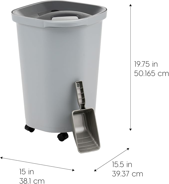 IRIS USA Pet Food Storage Container 25 lbs, Premium 60% Improved Airtight Seal with Air Valve, 2 Cup Scoop, Removable Wheels, Easy to Open - Made in the USA, Gray - Image 2