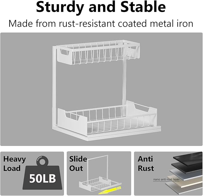 Ceetug Under Kitchen Sink Organizers and Storage Pull Out 2 Tier Metal Bathroom Cabinet Organizer (White, 1 Pack) - Image 6