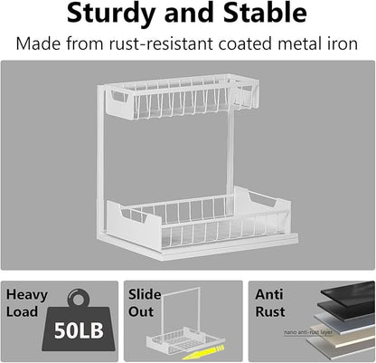 Ceetug Under Kitchen Sink Organizers and Storage Pull Out 2 Tier Metal Bathroom Cabinet Organizer (White, 2 Pack) - Image 6
