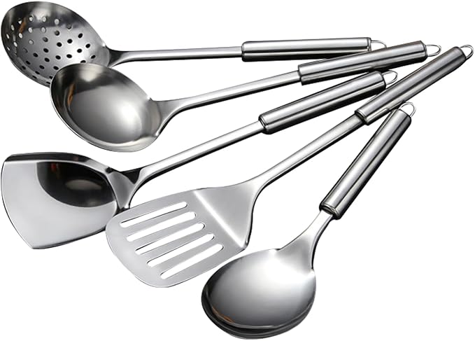 5 PCS Cooking Utensils Set Stainless Steel Kitchen Utensils Gadgets Resistant Cooking Tools Includes Slotted Spoon, Slotted Spatula, Large Spoon, Soup, Spatula(Sliver) by LKEREJOL