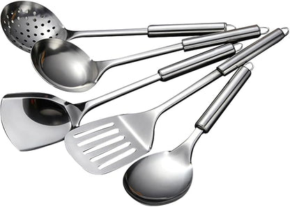 5 PCS Cooking Utensils Set Stainless Steel Kitchen Utensils Gadgets Resistant Cooking Tools Includes Slotted Spoon, Slotted Spatula, Large Spoon, Soup, Spatula(Sliver) by LKEREJOL