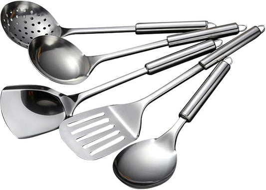 5 PCS Cooking Utensils Set Stainless Steel Kitchen Utensils Gadgets Resistant Cooking Tools Includes Slotted Spoon, Slotted Spatula, Large Spoon, Soup, Spatula(Sliver) by LKEREJOL