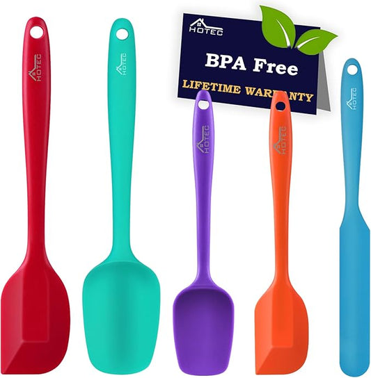 HOTEC Heat Resistant 600℉ Food Grade Silicone Rubber Spatula Set for Baking, Cooking, and Mixing Non Stick Dishwasher Safe BPA-Free Multicolor Set of 5 by Hotec