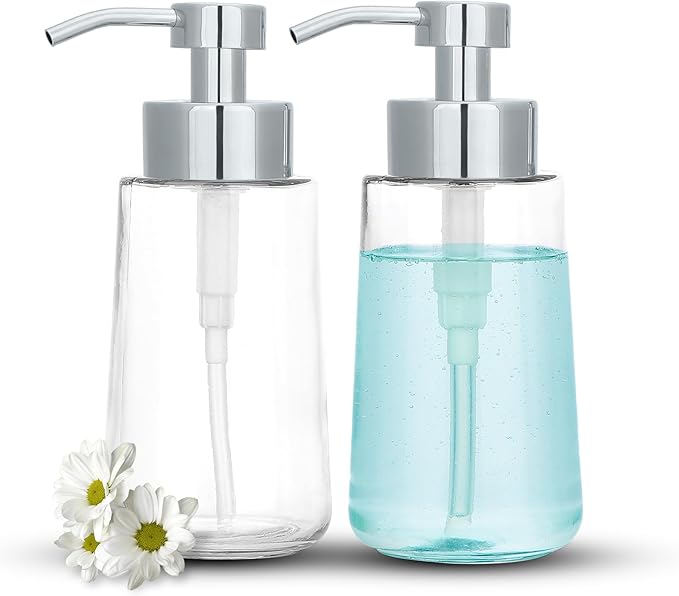 Soap Dispenser, Clear Glass Soap Dispenser with Rust Proof Pump, 16oz Liquid Soap Pump with Waterproof Labels, Dish & Hand Soap for Bathroom, Kitchen, Chrome Pump, Pack of 2 by DOILIESE