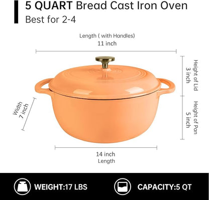 Premium Enameled Cast Iron Dutch Oven for Bread Baking | Non-Stick 5.5QT Oval Bread Oven with Lid | Perfect for Sourdough, Loaf, and Artisan Baking (Round Orange, 5.5 QT)