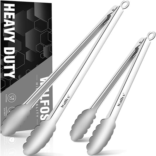Tong for cooking, Walfos kitchen tongs set of 2 - Heat Resistant 600℉, Heavy Duty Locking Metal cooking Tongs, Stainless Steel BBQ Grilling,(All Metal 12in+16in) by Walfos