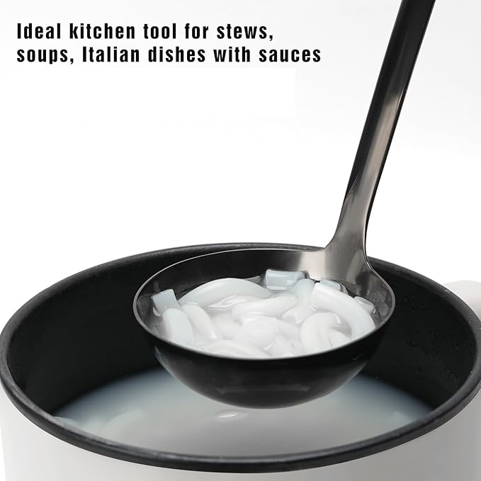 12 Inch Soup Ladle, Black Stainless Steel Ladle Spoon with Comfortable Handle, Long Handle Soup Serving Spoon for Cooking, Stews, Sauce, Gravy, Broth, Kitchen Utensil, Black