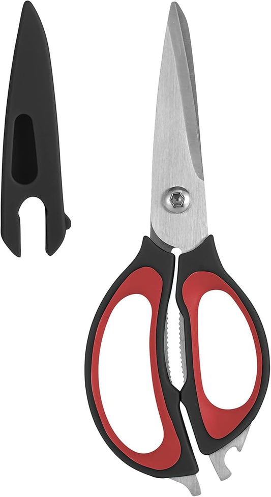 Farberware 4-in-1 Kitchen Scissors with Sheath, Multi-Use Kitchen Shears for Cutting, Jar Opener, Bottle Opener, Flathead Screwdriver - Stainless Steel Blades, 2-Piece Set (Black/Red)