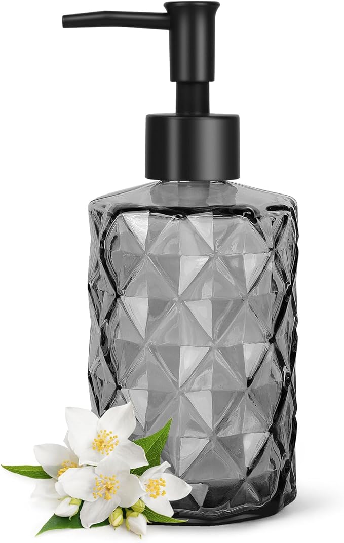 Topsky Glass Soap Dispenser with Plastic Pump, 330ml Liquid Hand Soap Dispenser, Rustproof Pump for Kitchen & Bathroom, Great for Lotions, Essential Oil, Liquid Soaps Clear Black by HomeandKitchenNO1