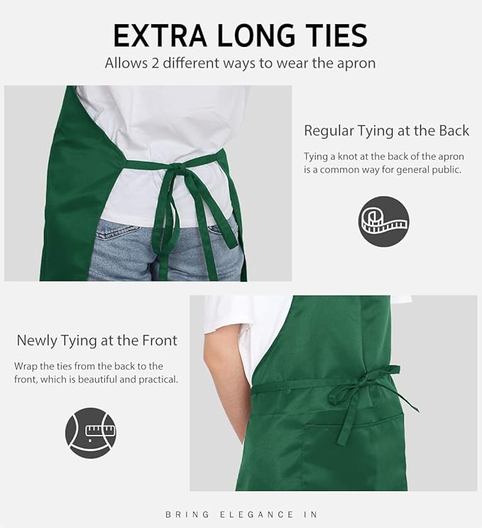 Syntus 12 Pack Bib Apron, Unisex Aprons Adjustable Waterdrop Resistant with 2 Pockets Cooking Kitchen Apron for Chef, BBQ Drawing Apron Bulk, Dark Green - Image 6