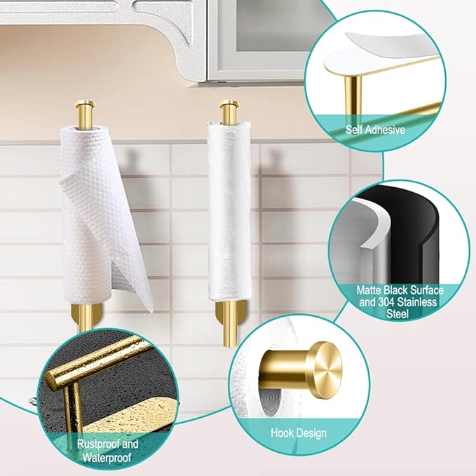 MGahyi 13.2 Inch Wall Mount Paper Towel Holder, Self Adhesive & Drilling Dual Use Under Cabinet Towel Rack, L-Type Rust Resistant Metal Roll Hanger for Kitchen, Bathroom, Pantry(Gold, Rectangle) - Image 3