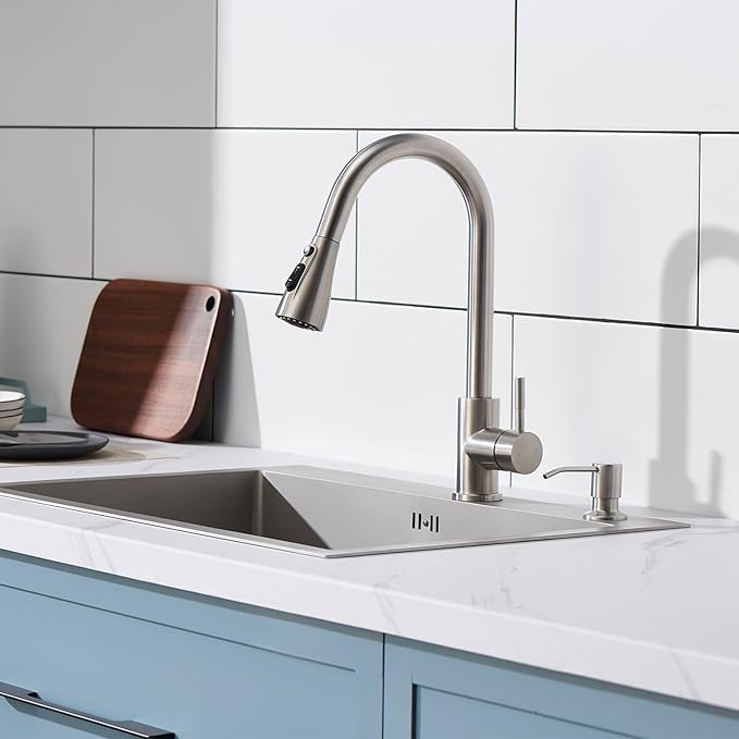 Sink Soap Dispenser Brushed Nickel, Soap Dispenser for Kitchen Sink Stainless Steel Refill from The Top Built in Sink Soap Dispensers with 13 OZ Soap Bottle