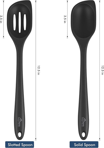 HOTEC Heat Resistant Silicone Cooking Spoon Spatula, Large Kitchen Solid and Slotted Spoons for Mixing, Serving, Scraping, Non-stick, Dishwasher Safe Black 12.5inch - Image 2