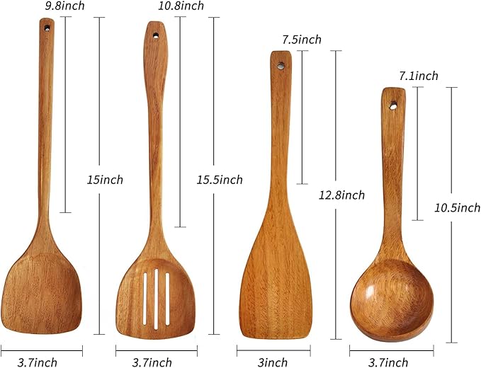 Wooden Spatula,Slotted Turner,Soup Ladle,Long Handle Utensils Set,Handmade for Kitchen Cookware (Wooden Utensil 4 Sets) - Image 2