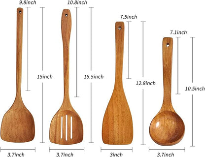 Wooden Spatula,Slotted Turner,Soup Ladle,Long Handle Utensils Set,Handmade for Kitchen Cookware (Wooden Utensil 4 Sets) - Image 2