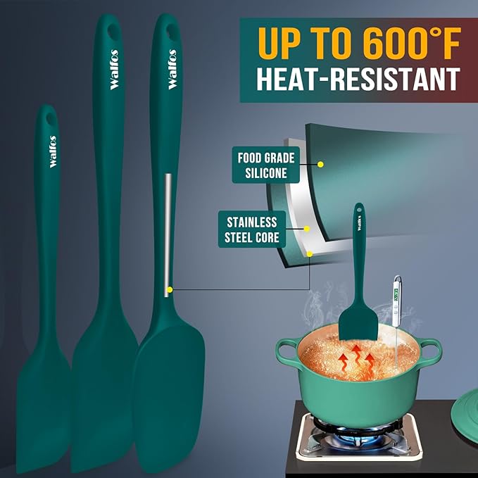 Walfos Silicone Spatula Set of 5 - (600°F) High Heat Resistant Dark Green Kitchen Scraper Spatulas, One-Pieces Seamless Design, Perfect for Cooking Mixing & Baking - BPA Free and Dishwasher Safe - Image 3