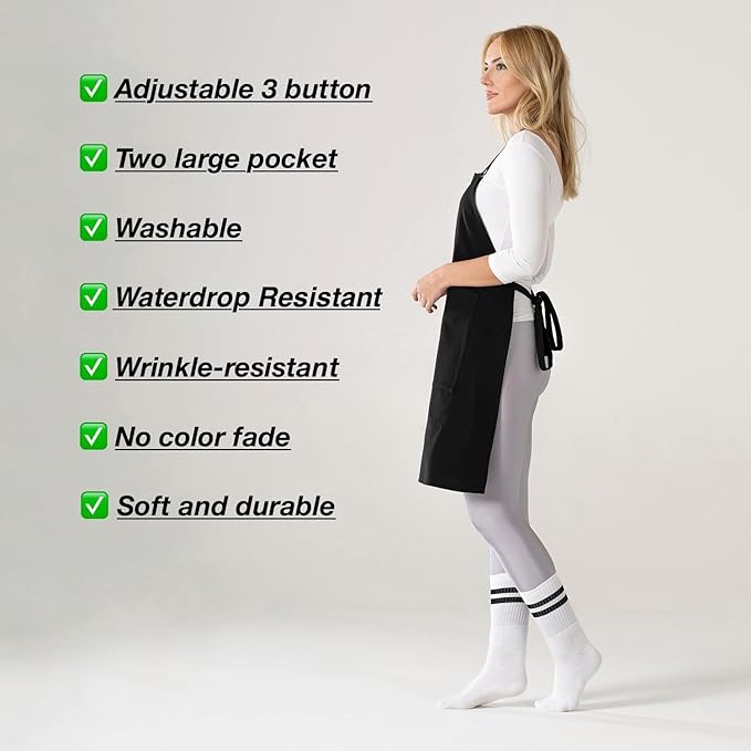TOSHE Kitchen Apron Waterdrop Resistant Cotton Apron with adjustable Aprons for Women with Pockets 10 Color option Cooking Black Apron (Black) - Image 7