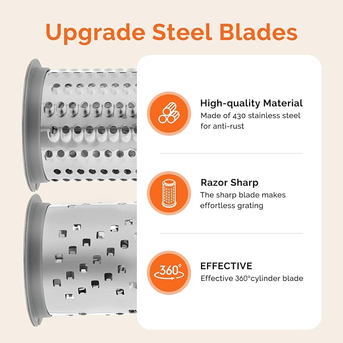 UHIYEE Patented Rotary Parmesan Cheese Grater, Hand Crank Cheese Shredder with Fine & Coarse Drums, Restaurant Quality, White, Stainless Steel & ABS, Dishwasher Safe - Image 3