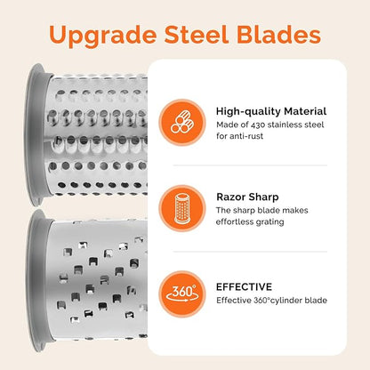 UHIYEE Patented Rotary Parmesan Cheese Grater, Hand Crank Cheese Shredder with Fine & Coarse Drums, Restaurant Quality, White, Stainless Steel & ABS, Dishwasher Safe - Image 3