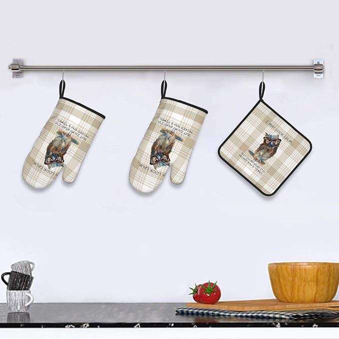 Funny Owl Oven Mitts and Pot Holders Sets of 3 Kitchen Hot Pads Cute Buffalo Plaid Oven Gloves Heat Resistant Washable for Cooking Grilling Baking Holiday Kitchen Decor - Image 6