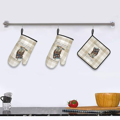 Funny Owl Oven Mitts and Pot Holders Sets of 3 Kitchen Hot Pads Cute Buffalo Plaid Oven Gloves Heat Resistant Washable for Cooking Grilling Baking Holiday Kitchen Decor - Image 6
