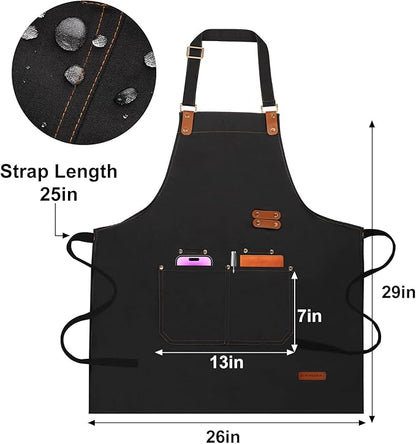 Chef Aprons for Women Men with Pockets(Functional and Large), Oil-Repellent & Water-Resistant Heavy-Duty Black Canvas with Adjustable Straps, Full-Coverage Protection for Cooking, Kitchen