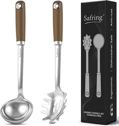 Safring Stainless Steel Soup Ladle and Spaghetti Spoon Set, Heat Resistant Rubber Handle, Dishwasher Safe, Kitchen Utensils for Cooking, Stirring, Serving Pasta, Soup & Sauce (Coffee) by Safring