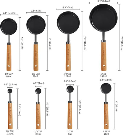 GuDoQi 8Pcs Measuring Cups and Spoons Set, Wooden Handle, Premium Stainless Steel with Metric & US Measurements, Nesting for Dry/Liquid Kitchen/Food/Baking, Black