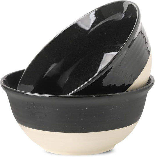 HASENSE Large Ceramic Serving Bowls Set of 2, 84 Oz 9 Inch Black & Beige Stoneware Mixing Bowls, Farmhouse Bowls for Salad, Soup, Popcorn & Baking, Dishwasher & Microwave Safe by Hasense