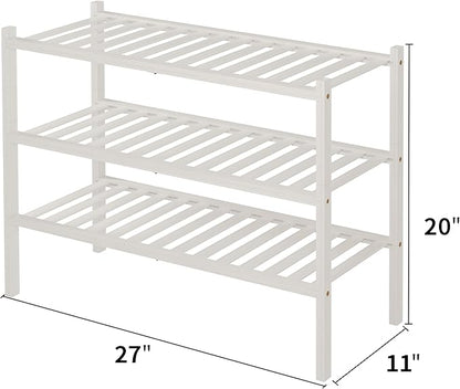 ROMGUAR CRAFT 3 Tier Bamboo Shoe Rack for Closet Free Standing Wood Shoe Shelf Storage Organizer for Entryway Small Space Stackable 27"x11"x20" (White) - Image 3