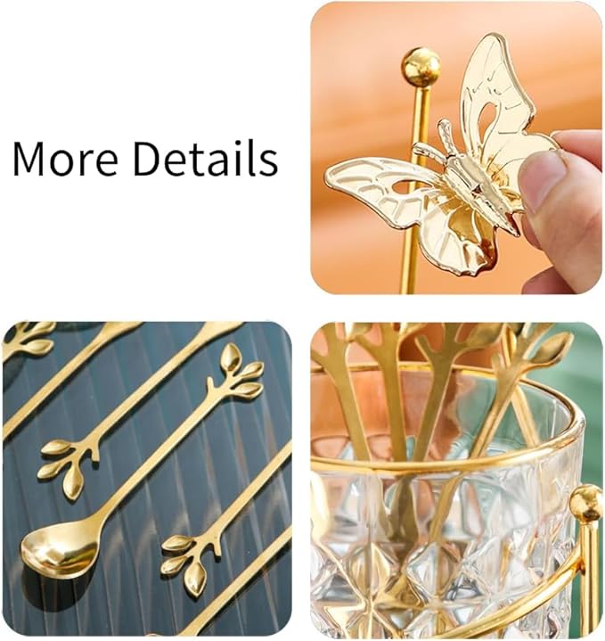 6PCS Coffee Spoons Set with Glass Holder,Small Stainless Steel Gold Tea Spoon,Mini Dessert Spoons Set for Fruit,Stirring, Mixing, Sugar, Ice Cream, Cake (6 x Spoons)
