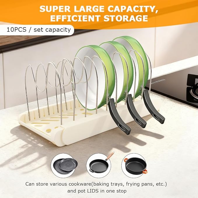 Expandable Pot and Pan Organizer Rack for Kitchen Cabinet or Under Sink,with 10 Adjustable Compartment 13"-23" Adjustable Length for Lids Bakeware Frying Rack and Cookware(COLOR:White)