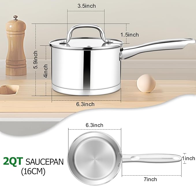 TeamFar 2 qt Saucepan with Lid, Stainless Steel Small Sauce Milk Pan with Tri-ply Bottom for Induction/Gas/Electric/Ceramic, Healthy & Heavy Duty, Mirror Finish & Straight Side, Dishwasher Safe - Image 2