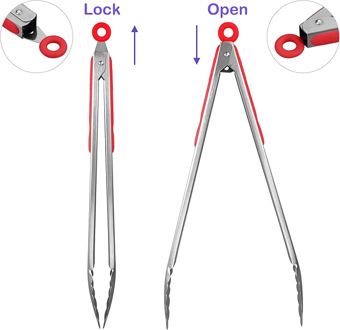 304 Stainless Steel Kitchen Cooking Tongs, 14" and 16" Set of 2 Sturdy Grilling Barbeque Brushed Locking Food Tongs with Ergonomic Grip, Red - Image 3