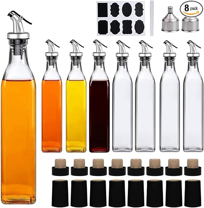 Salzesfalls 8 Pack 17oz Olive Oil Dispenser Bottle,Oil Dispenser for Kitchen, Cooking Oil Dispenser,Vinegar Cruet Bottle,Clear Cruet with Pourers and Corks by Salzesfalls