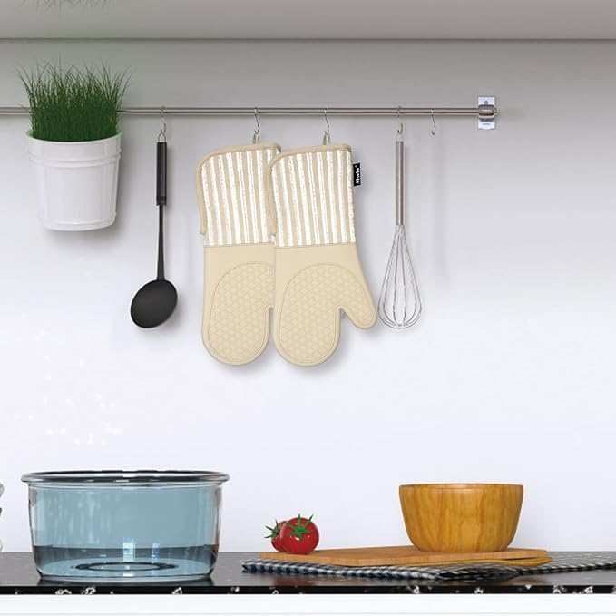 Alselo Silicone Oven Mitts Heat Resistant 932℉ with Waterproof & Non-Slip Kitchen Mittens, Set of 2 Extra Long Oven Gloves with Soft Cotton Terry Lining for Baking Cooking Barbecue (Khaki, 2) - Image 8