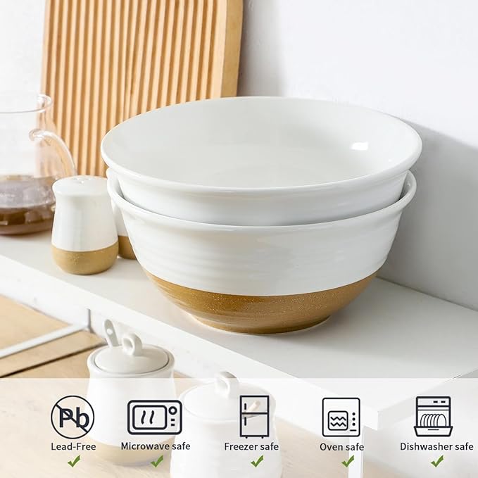 HASENSE Large Ceramic Serving Bowls Set of 2, 84 Oz 9 Inch White & Terracotta Stoneware Mixing Bowls, Farmhouse Bowls for Salad, Baking, Popcorn & Side Dishes, Dishwasher & Microwave Safe - Image 4