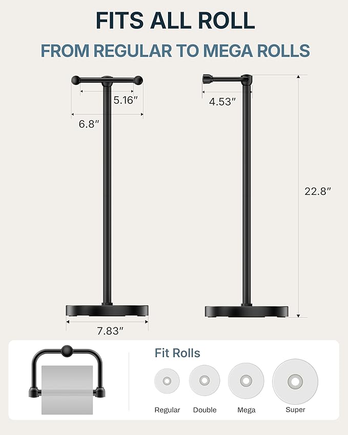 RARXTR Toilet Paper Holder Stand, Modern Bathroom Free Standing Toilet Paper Roll Holder, Stainless Steel Tissue Rack, Rust-Proof & Heavy Stable Base (Matte Black)