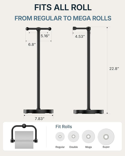 RARXTR Toilet Paper Holder Stand, Modern Bathroom Free Standing Toilet Paper Roll Holder, Stainless Steel Tissue Rack, Rust-Proof & Heavy Stable Base (Matte Black)