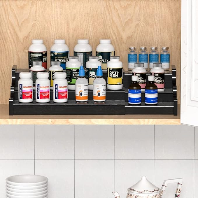 Spice Rack Organizer For Cabinet - 3 Tier Black Bamboo Wooden Expandable Display Shelf from 12.70 to 22.20 inch - Image 3