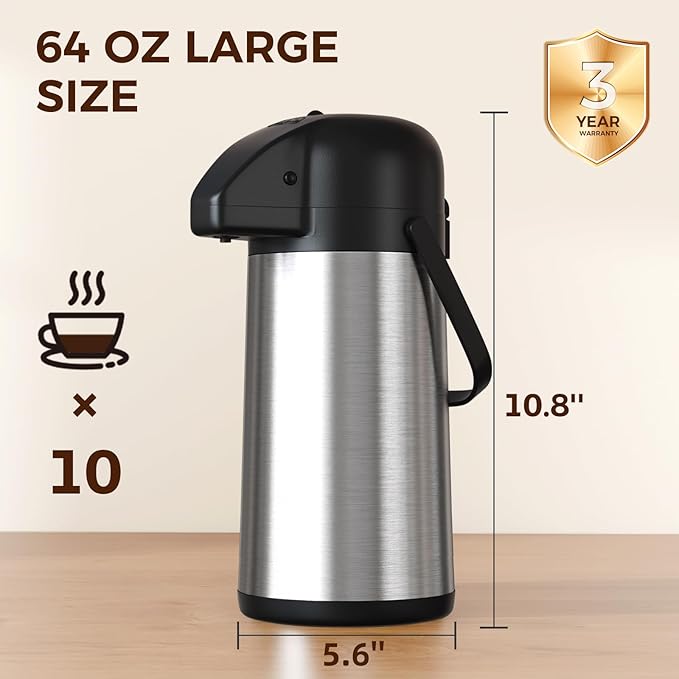 Coffee Carafe for Keeping Hot - Gezoss 64OZ / 1.9L Airpot Coffee Dispenser with Pump - Large Coffee Carafe for Hot Drinks Tea Liquid - Insulated Stainless Steel Hot Water Beverage Urn for Parties - Image 8