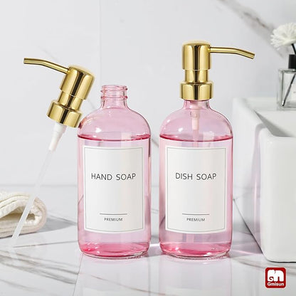 GMISUN Pink Soap Dispenser Bathroom, 2 Pack Kitchen Hand and Dish Soap Dispensers Set, 17 Fl Oz Pink Glass Soap Dispenser with Gold Pump, Refillable Modern Farmhouse Liquid Soap Pump Bottles - Image 7
