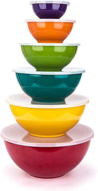 KX-WARE Melamine Mixing Bowls with Lids - 6 Piece Melamine Bowls and 6 Piece Plastic Lids, Multicolor by KX-WARE